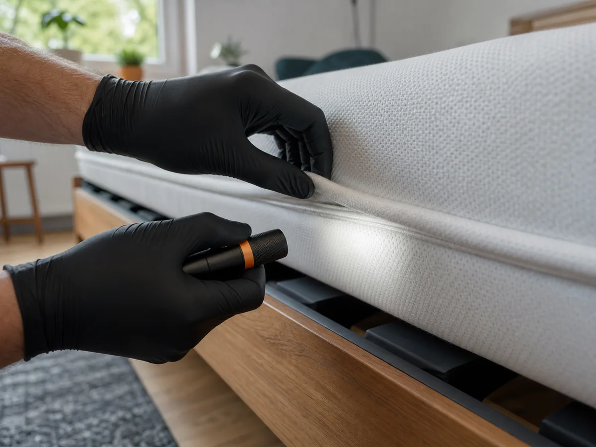 Kammerjäger untersucht mit Nitril-Handschuhen und Inspektionslampe die Matratzennaht auf Bettwanzen